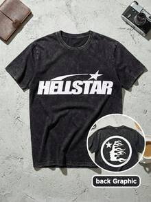 Unisex Streetwear, Men's Y2K Grunge Hellstars Slogan & Cracked Text Comet Star Graphic Double-Sided Print T-Shirt, Acid Washed Tee, Fire Face Profile Dark Aesthetic Oversized T Shirt, Graphic Tees Women, Camisetas Para Hombre, Ropa De Hombre, Playera De Hombre, Navidad - Black - View 1