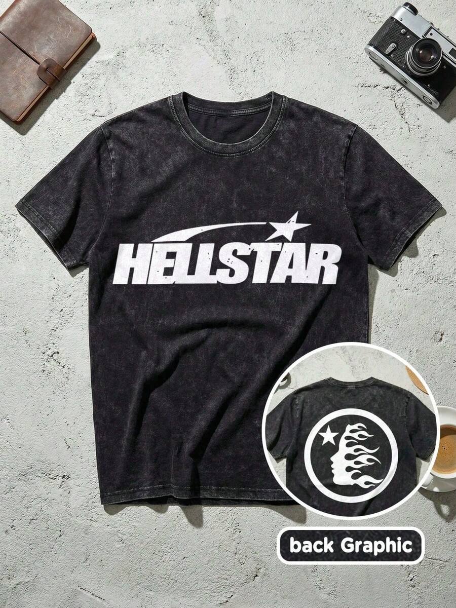 Unisex Streetwear, Men's Y2K Grunge Hellstars Slogan & Cracked Text Comet Star Graphic Double-Sided Print T-Shirt, Acid Washed Tee, Fire Face Profile Dark Aesthetic Oversized T Shirt, Graphic Tees Women, Camisetas Para Hombre, Ropa De Hombre, Playera De Hombre, Navidad - Black - View 1