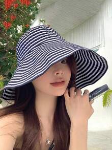 Mũ xô sọc gấp gọn mùa hè, mũ chống nắng vành rộng mới về dành cho nữ, mũ thời trang vành rộng bằng polyester in họa tiết, chống gió và tia UV, thích hợp cho mùa xuân/hè. - mũ - Xem 10