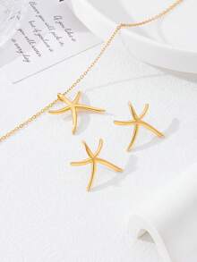 2件套时尚简约海星项链耳环套装，适合女性海滩度假佩戴 - 金黃色 - 查看 3