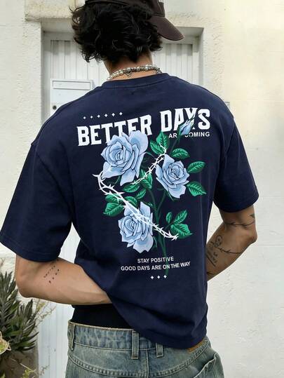  FRACTYR 男士复古玫瑰荆棘印花T恤，休闲街头Y2K风格，夏季必备