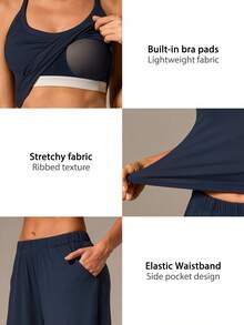NcmRyu 1 Set Women Spaghetti Strap Ribbed Camisole & Wide Leg Pants Sports Suit - Navy Blue - View 5