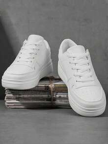 Zapatillas deportivas con suela gruesa y cordones, estilo urbano unisex - Blanco - Ver 2