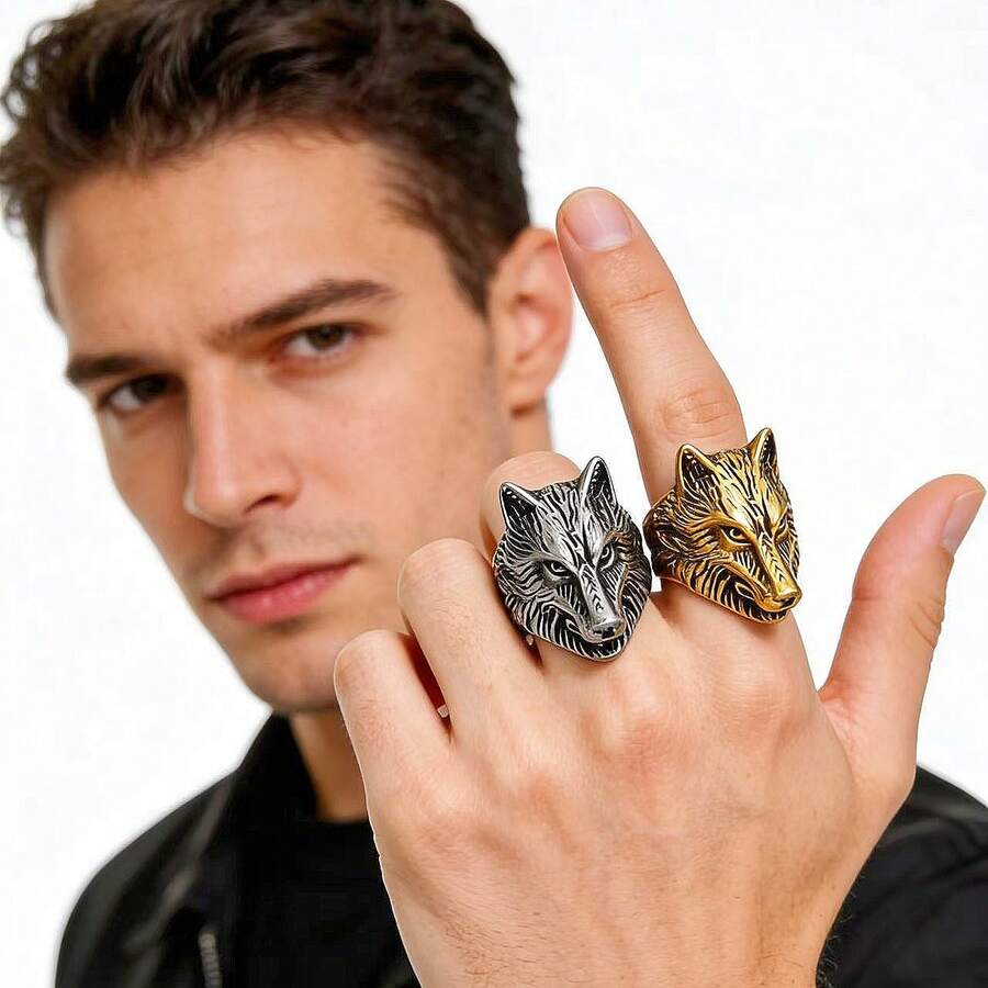 1 Peça Anel Masculino Vintage Punk Rock Cabeça de Lobo, Material em Aço Inoxidável 316, Revestimento a Vácuo Eletrolítico de Ouro 18K, Adequado para Uso Casual Diário, Viagem, Festa com Tema, Uso em Arte de Rua - Anel masculino com cabeça de lobo - Visão 1