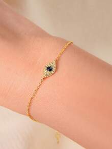 1pc S925 Sterling Silver Evil Eye Micro-Inlaid Zirconia Bracelet, European And American Retro High-End Design Jewelry For Women - Gold - View 1