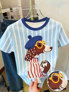 腊肠犬图案，女士夏季穿搭，女士沙滩装，女士休闲圆领短袖简约T恤 - 彩色 - 查看 1