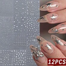 12pcs/Set 3D Bronzing Sun Moon Nail Art Stickers Decals Holographic Silvery Stars Line Designs DIY Manicure Y2K Nail Sliders - Silver - View 11