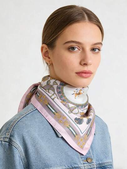 1条复古马术徽章印花方巾，四季皆宜，春、夏、秋、冬皆可佩戴，可作披肩或围巾，适合日常出行、旅行、婚礼、舞会、宴会、伴娘头巾等场合，女士配饰。