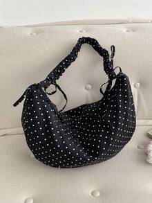 1个女士尼龙波点手提包，时尚褶皱肩带新月形包，休闲百搭，适合通勤、购物、旅行、运动 - 黑色 - 查看 7