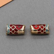 5/10/20 piezas de cuentas de cubo con gota de aceite de doble cara, pez rojo, agujero grande, cuentas espaciadoras para pulsera, un accesorio de collar de mascota que simboliza la abundancia cada año - Rojo - Ver 5