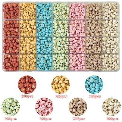 100/800pcs Per Bag - 1400pcs/Box, 28 Compartments, A-Z, Light Color Series, Red, Yellow, Blue, Green, Pink, Coffee, Beige Bottom, Gold Letter, Flat Round, Acrylic Letter Beads, Loose Beads - DIY Fashion Bracelet And Necklace Craft Kit