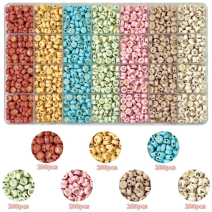100/800pcs Per Bag - 1400pcs/Box, 28 Compartments, A-Z, Light Color Series, Red, Yellow, Blue, Green, Pink, Coffee, Beige Bottom, Gold Letter, Flat Round, Acrylic Letter Beads, Loose Beads - DIY Fashion Bracelet And Necklace Craft Kit