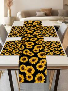 1pc Sunflower Pattern Printed Table Runner, 4pcs Sunflower Pattern Printed Placemats, Suitable For Festivals, Parties, Birthdays, Dinners, Kitchen & Dining Room Decor, Applicable For All Seasons, Home Textile Decoration - Multicolor - View 1