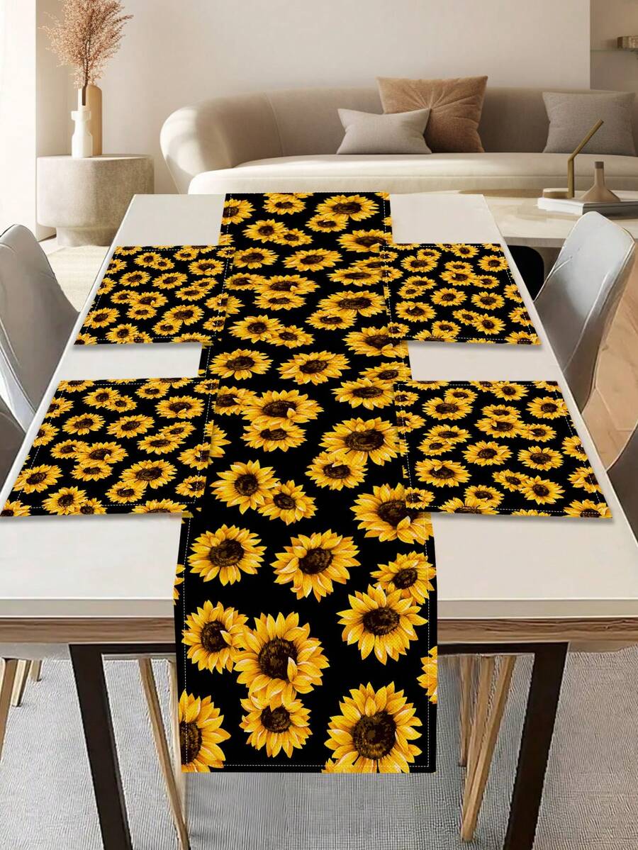 1pc Sunflower Pattern Printed Table Runner, 4pcs Sunflower Pattern Printed Placemats, Suitable For Festivals, Parties, Birthdays, Dinners, Kitchen & Dining Room Decor, Applicable For All Seasons, Home Textile Decoration - Multicolor - View 1