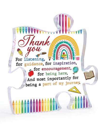 1 Piece, Back-To-School Season - 10*10*1cm Colorful Thank You Puzzle Acrylic Ornament, Special Gift For Teachers And Classmates, Home Desktop Holiday Decoration Ornament, Holiday Gift, Back-To-School Season