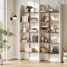 LITTLE TREE 70.87-Inch Tall Bookshelf, 5-Tier Double Wide Bookcase With Open Shelves, Farmhouse Vintage Floor Standing Book Shelf Display Storage Shelving Unit For Home Office Bedroom Study, White - Trắng và Nâu - Xem 2