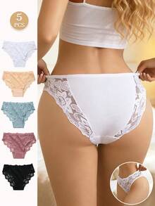 5pcs/Set Women Lace Floral Low-Waist Panties, Soft & Comfortable Ladies Underwear Sexy Basic Triangle Briefs, Minimalist Daily Wear - Multicolor - View 12