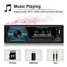 1DIN车载收音机立体声蓝牙MP3播放器FM收音机，7种颜色可选，带遥控器、AUX/USB/TF卡槽和车载安装套件 - 12V - 查看 3