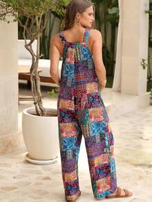 Bohemian Women's Loose Floral Bib Overall Jumpsuit With Pockets Patchwork Wide Leg Adjustable Strap Beach Vacation Outfits Summer - 藍色 - 查看 3