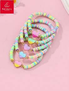 5pcs/Set Kids' Fashion Dopamine Rainbow Handmade Woven Soft Clay & Zinc Alloy Heart Flower Pattern Bracelet Set, Suitable For Daily Wear, Festivals, Gift - Multicolor - View 1