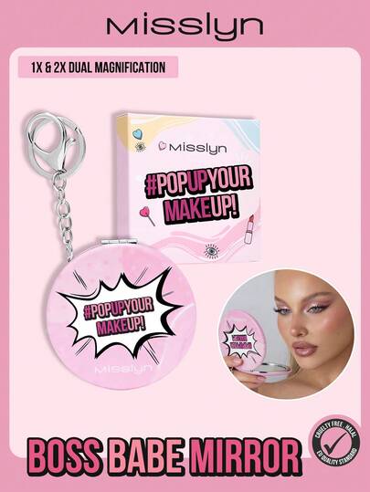  MISSLYN-Boss Babe 便携式双面镜，透明反光面，1倍和2倍放大倍率，轻巧便携，可放入包包或挂在钥匙链上，随时随地快速补妆和造型，旅行必备，小巧可爱，化妆品品牌美妆产品，适合女性和女孩，春夏必备，Y2K复古时尚，生日、圣诞节、情人节的绝佳礼物，派对必备，多种颜色可选