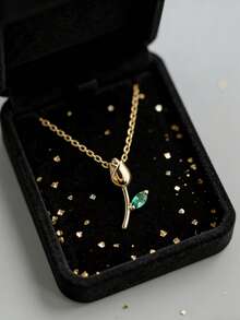 1pc S925 Sterling Silver Zirconia Inlaid Tulip Pendant Necklace, Sweet & Cute Rose Flower Minimalist Delicate Clavicle Chain, Suitable For Girls, Students For Daily Wear - Tulip - View 3