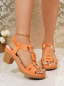 Sandal Wedges Platform Gesper Warna Solid Retro Wanita Ukuran Besar, Sepatu Pantai, Sepatu Musim Panas - Jeruk - View 4