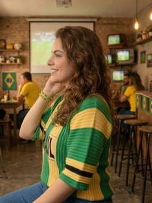 Women's Striped T-Shirt Brazil World Cup Ribbed Modal Knit V-Neck Short Sleeve Summer - Green/Yellow - View 4
