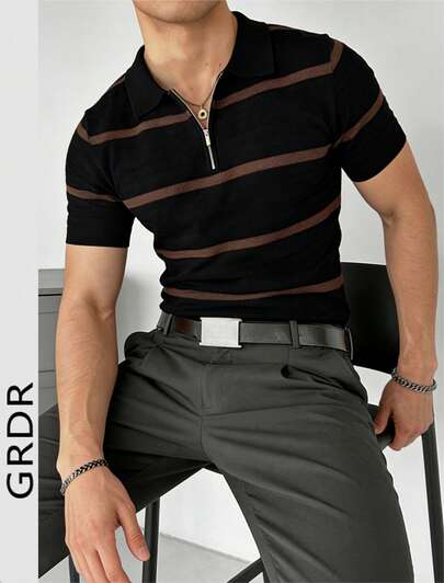  GRDR Men's Summer Zip Collar Striped Knit Short Sleeve Shirt - Casual Daily Wear