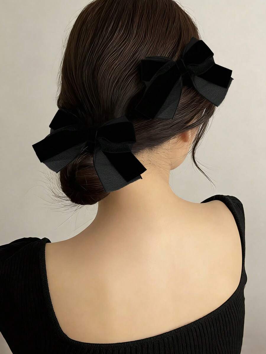 2个黑色法式双蝴蝶结发夹，女士款 - 黑色 - 查看 1