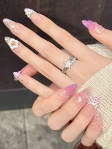 10 piezas de uñas postizas hechas a mano con flores rosas y moradas románticas, uñas falsas cortas de almendra con estilo francés de puntos, con flores 3D de perla y degradado, para primavera, picnic y uso diario, con pegamento de gelatina y lima de uñas, suministros de arte de uñas DIY - Multicolor - Ver 2