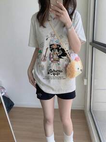 女士超大款印花T恤，Y2K可爱卡通女孩与星星印花，日系原宿街头风宽松T恤，落肩设计，充满美感，休闲夏季衬衫 - 淺花灰 - 查看 1