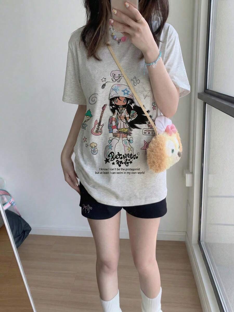 女士超大款印花T恤，Y2K可爱卡通女孩与星星印花，日系原宿街头风宽松T恤，落肩设计，充满美感，休闲夏季衬衫 - 淺花灰 - 查看 1
