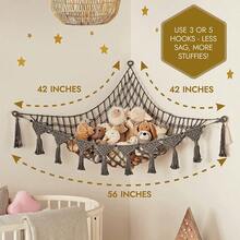 Hamaca de almacenamiento de juguetes de peluche - Estantería de decoración de peluche con borlas grandes - Red colgante de peluche linda, adecuada para la habitación de los niños, el dormitorio y la decoración de la habitación - Multicolor - Ver 7