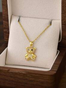 1pc Fashionable Cute Micro-Inlaid Zirconia Heart Bear Pendant Stainless Steel Necklace, Suitable For Daily Wear, Ideal Gift For Christmas, Mother's Day, Valentine's Day, Anniversary, Women's Jewelry Gift (Note: Due To Lighting And Shooting Angles, There May Be Slight Color Differences Between The Actual Product And The Picture) - Multicolor - View 2