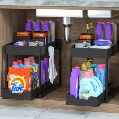 1 pieza Organizador deslizante de una sola capa, estantería de almacenamiento debajo del fregadero con ganchos, fácil de desmontar y limpiar, organizador de cajón de cocina
