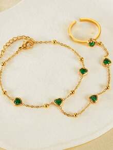 1pc Stainless Steel Finger Chain Jewelry, Fashionable Niche Design Sense Glass Heart Pendant, & Versatile - Gold - View 3