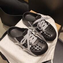 女士户外夏季拖鞋，镂空系带一体式透气防滑休闲时尚平底厚底凉鞋 - 黑色 - 查看 4