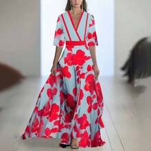 2026 New Women Summer Casual Printed Dress With V Neck Ruffle Hem High Waist A Line Mini Dress For Beach Party Daily Wear - Blue - View 4