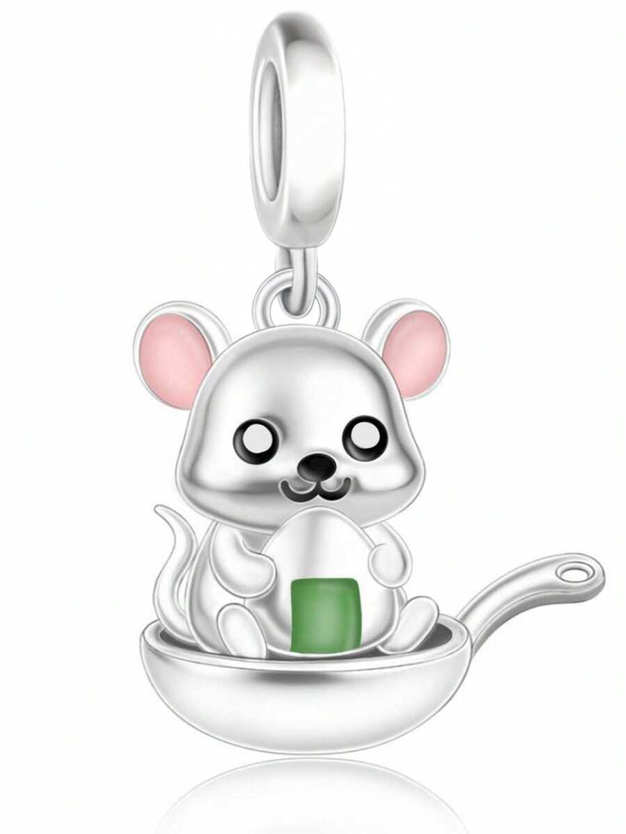 1pc Cute Healing Frying Pan Rice Ball Mouse Bead Pendant, Versatile DIY Bracelet Necklace Gift - Silver - View 1