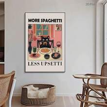 这款黑色猫咪图案帆布艺术海报，配以“多吃意面，少后悔！”的标语，是现代风格的墙面艺术装饰画，灵感源自意大利托特利亚诺（Totelliano）的意面餐厅装饰画，适合卧室、客厅、办公室、书房、浴室、厨房、走廊、宿舍、公寓等场所的墙面和家居装饰。也是馈赠朋友的理想礼物。 - 彩色 - 查看 3