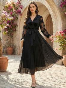 Elegant Women's Long Black Party Dress With Overlap Collar Long Sleeves Contrast Lace And Belted Pleated Flared Hem - Black - View 3