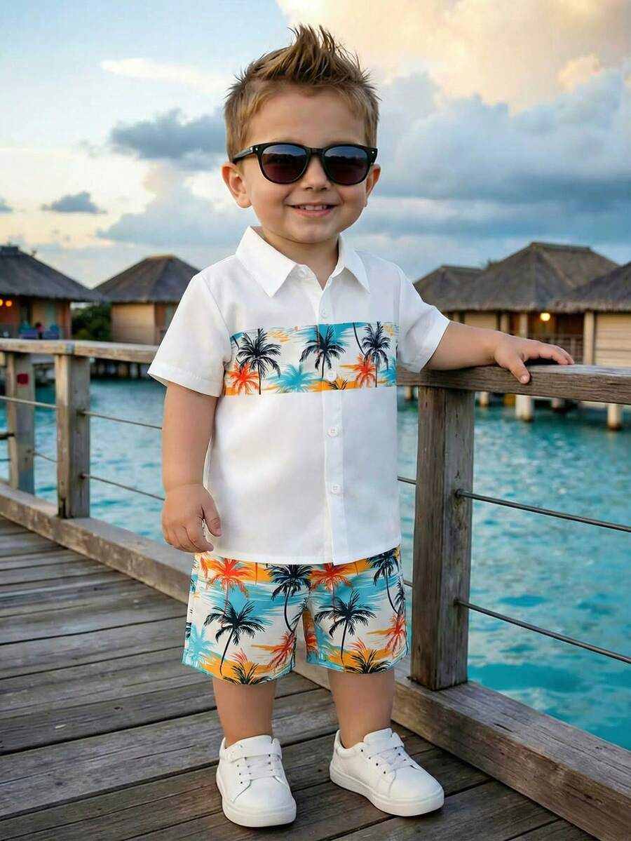 Toddler Boys' Spring/Summer Short Sleeve Shirt And Matching Allover Print Shorts 2-Piece Set, White Base With Orange, Blue And Palm Tree Prints, Suitable For Daily Outings, Beach Vacations, And Family Outings - White - View 1