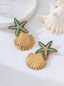 一对度假风海洋主题女士耳环，饰有时尚的波西米亚贝壳、海星和其他海洋生物造型。耳环采用夸张的金属设计，适合日常佩戴、街头风和海滩派对。 - 一對耳環 - 查看 7
