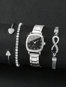 4pcs/Set Women's Square Dial Elegant Quartz Wrist Watch + Bracelet, No Watch Box Included - Silver - View 3