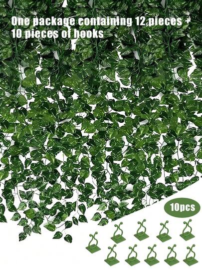 12pcs/Pack Artificial Vine Decor With 10pcs Hooks, Hanging Grape Vine Decor, Green Plant Decor, Artificial Plants, Spring Decor, Outdoor Garden Decor, Ceiling Decor Artificial Vine Flowers, Artificial Grape Vines, Wreath Decor With Fake Leaves, Holiday Decor, Wedding Decor, Vacation Decor, Home Decor, Wall Decor, Artificial Passion Flower Vines, Simulated Green Leaves, Jungle Theme Party Decor