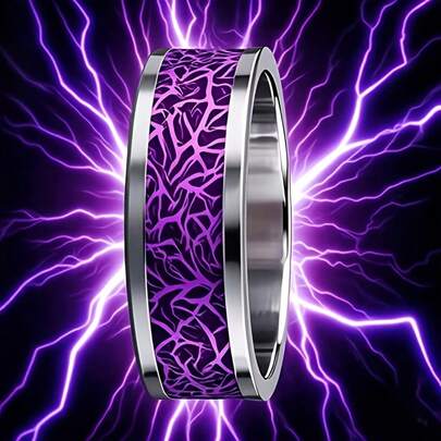1枚男女皆宜的时尚不锈钢戒指，镶嵌紫色闪电纤维液体设计，8毫米宽 - 适合周年纪念日、情人节和派对，是送给伴侣和朋友的完美礼物，也是青少年休闲装饰饰品。