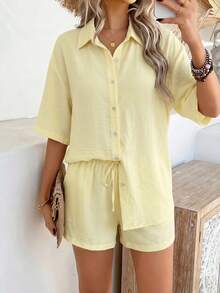 PoPoHouse 女士两件套夏季套装，波西米亚风休闲时尚装，度假沙滩套装，黄色短袖衬衫和短裤套装，女士假日服饰 - 黃色 - 查看 6