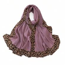 1pc Boho Style Women's Solid Color Hijab, With Leopard Print Border And Pleated Details, Suitable For All Seasons, Versatile, Can Be Used As A Scarf, Headwrap, Cape, Shawl, For Daily Wear Or Special Occasions, Can Also Be Used As A Clothing Accessory, Windproof And Sunscreen.,Beach,Holiday - Multicolor - View 19