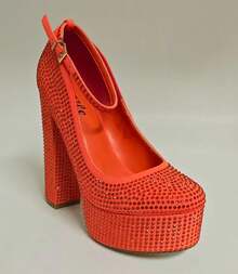 Women's Rhinestone Platform Block Heel Pumps With Ankle Strap – Party & Evening Statement Heels - Orange - View 2